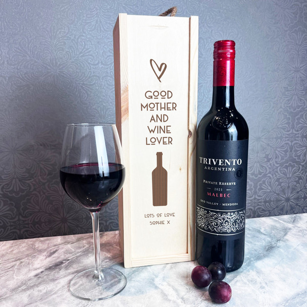 Good Mother And Wine Lover Heart Personalised Rope Wooden Single Wine Bottle Box