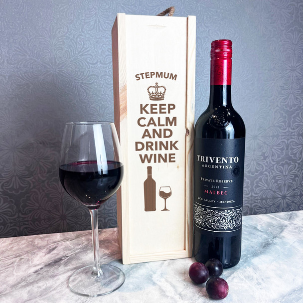 Stepmum Keep Calm And Drink Wine Personalised Rope Wooden Single Wine Bottle Box