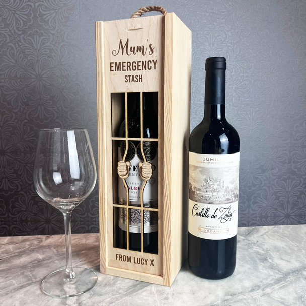 Mum's Emergency Stash Prison Bars Wine Personalised Rope Single Wine Bottle Box
