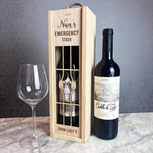 Nan's Emergency Stash Prison Bars Wine Personalised Rope Single Wine Bottle Box