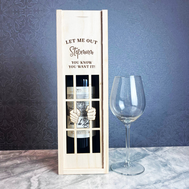 Let Me Out Stepmum Prison Bars Personalised Rope Wooden Single Wine Bottle Box