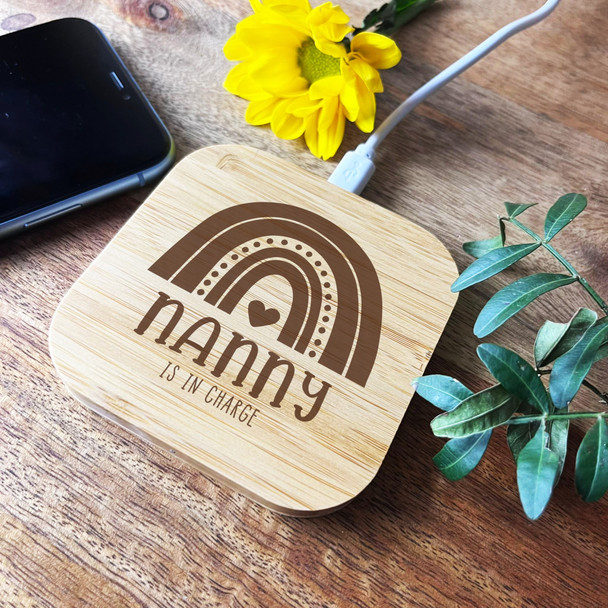 Rainbow Nanny Is In Charge Personalised Square Wireless Desk Pad Phone Charger