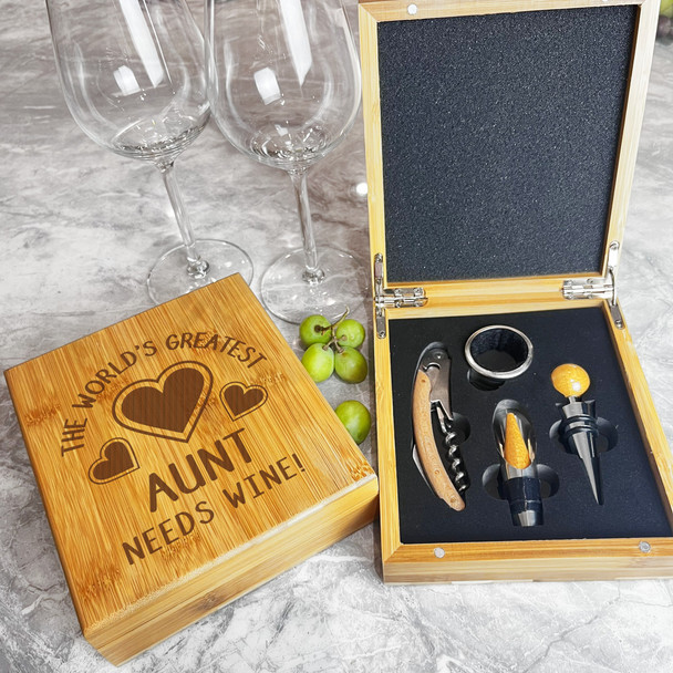 The Worlds Greatest Aunt Needs Wine Personalised Wine Accessories Gift Box Set