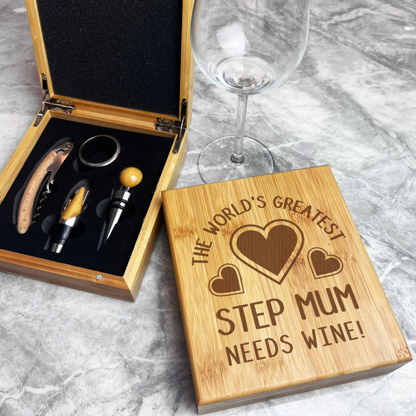 The Worlds Greatest Step Mum Needs Wine Personalised Wine Accessories Box Set