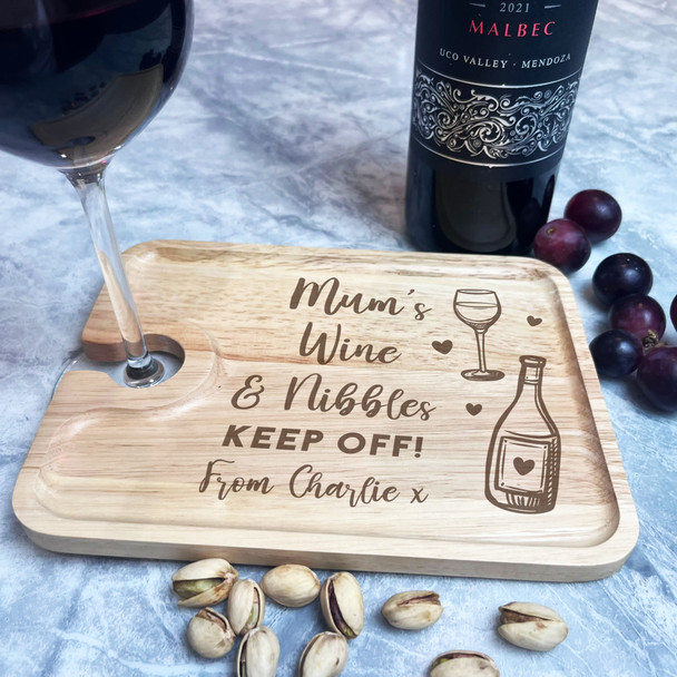 Mum's Wine & Nibbles Keep Off Personalised Gift Wine Holder Nibbles Serving Tray