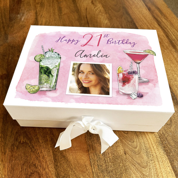 Cocktails Pink Girl Photo Any Age 21st Personalised Keepsake Birthday Gift Box