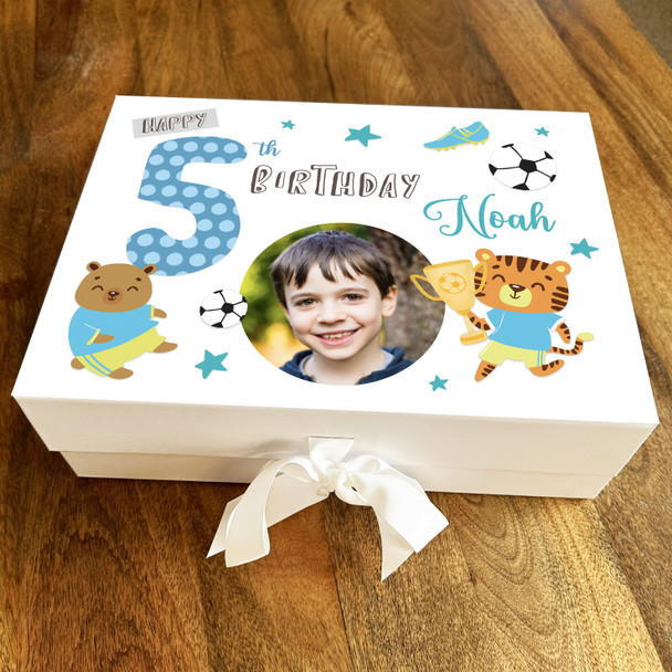 Blue Football Animals Photo Child Age Personalised Keepsake Birthday Gift Box