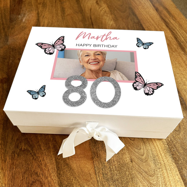Butterfly Pink Silver Photo Any Age 80th Personalised Birthday Gift Box