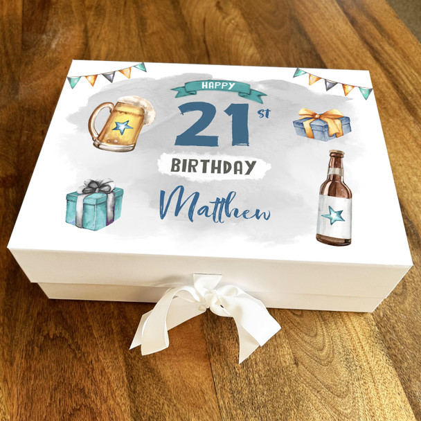 Beer Blue Teal Cheers Gift Any Age 21st Personalised Keepsake Birthday Gift Box