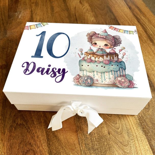 Vintage Cake & Doll Bunting Blue Splash Any Age Personalised Birthday Gift Box