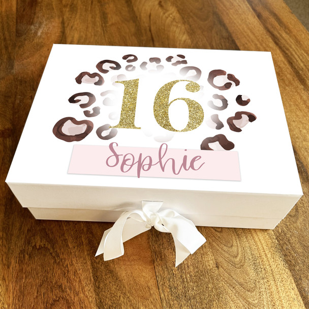 Animal Print Leopard Pink Gold Glitter 16th Age Personalised Birthday Gift Box