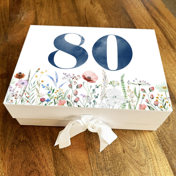 Poppy Fields Floral Navy Any Age 80th Personalised Keepsake Birthday Gift Box