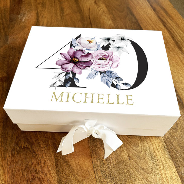Gold Purple & Baby Blue Floral Any Age 40th Personalised Birthday Gift Box