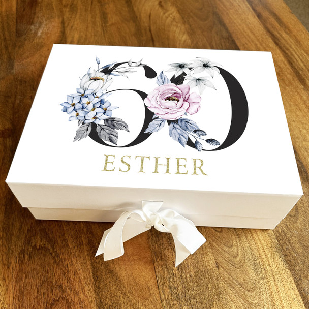 Gold Purple and Baby Blue Floral Any Age 60th Personalised Birthday Gift Box