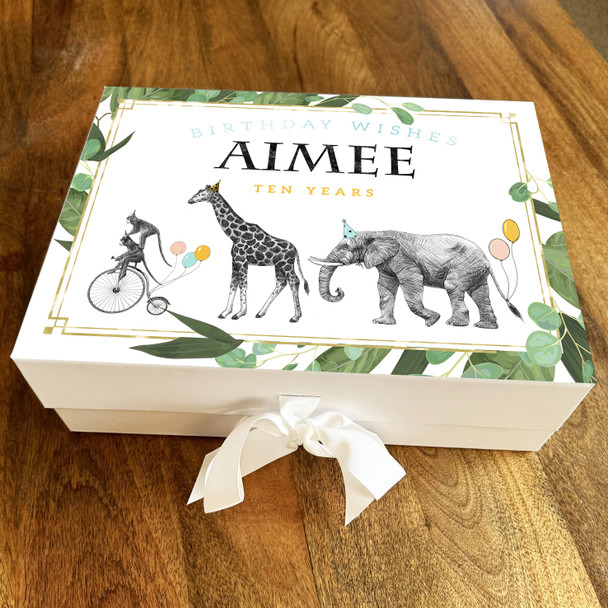 Circus Animals Tropical Leaves Wishes 10th Personalised Birthday Gift Box