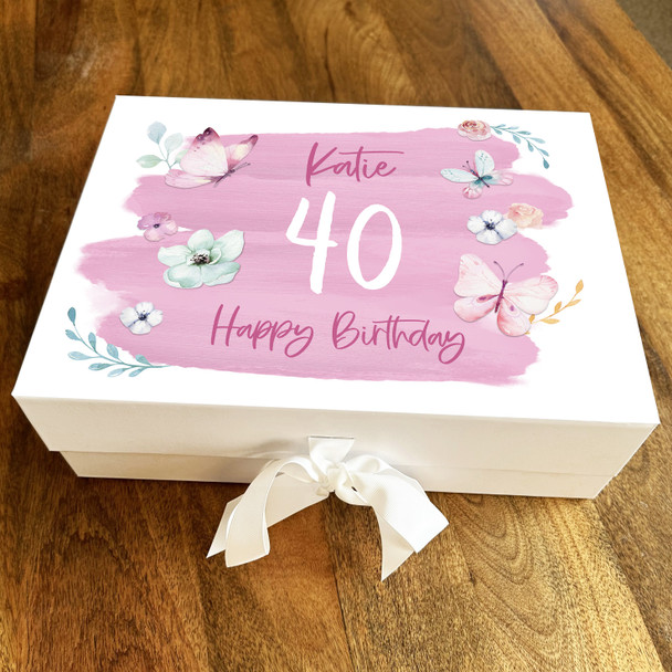Pink Butterfly Flowers Any Age Personalised Keepsake Birthday Gift Box