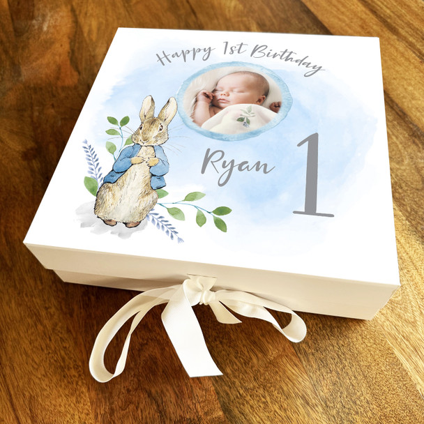 1st One Blue Photo Peter Rabbit Square Personalised Keepsake Birthday Gift Box