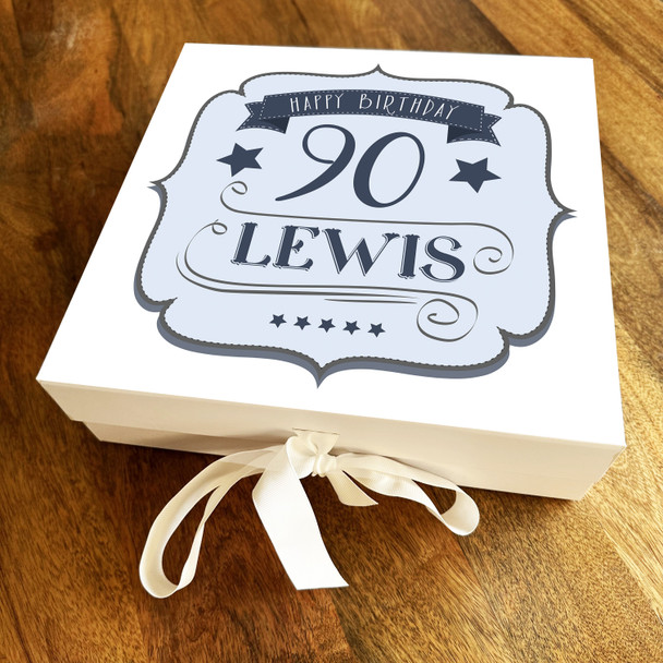 Blue Banner Decor and Stars Any Age 90th Square Personalised Birthday Gift Box