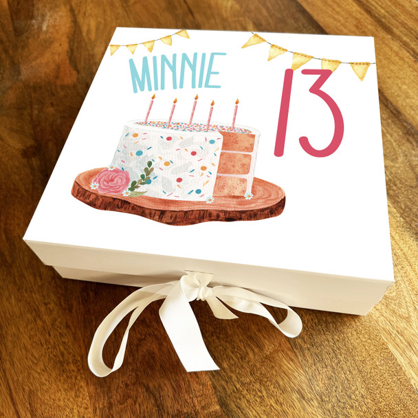 Cake & Yellow Bunting Cute Any Age Personalised Keepsake Birthday Gift Box