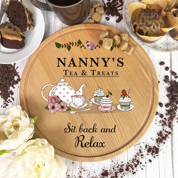 Vintage Teacup Style Nanny's Drink Round Treats Personalised Serving Board