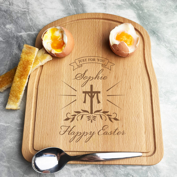 Happy Easter Cross Personalised Gift Bread Eggs Toast Breakfast Serving Board