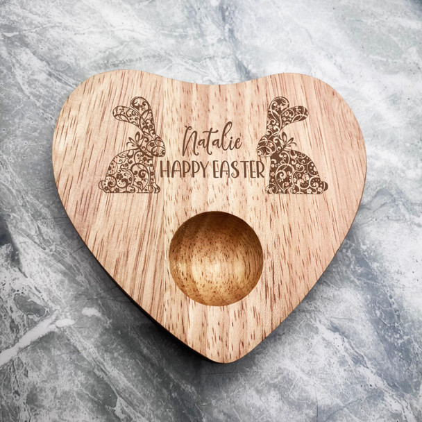 Floral Easter Bunnies Personalised Gift Heart Shaped Breakfast Egg Holder Board