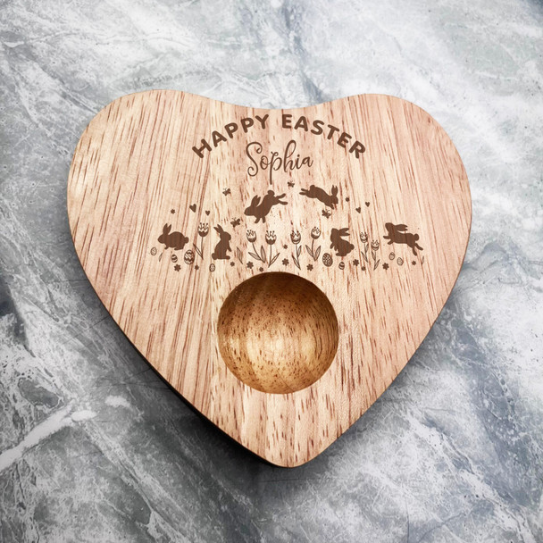 Jumping Bunnies Easter Personalised Gift Heart Shaped Breakfast Egg Holder Board