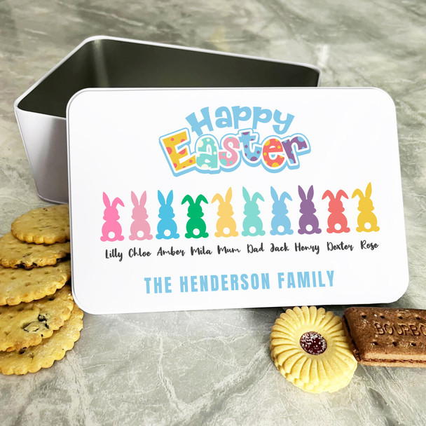 Colourful Bunny Family Easter Personalised Gift Biscuit Sweets Treat Tin
