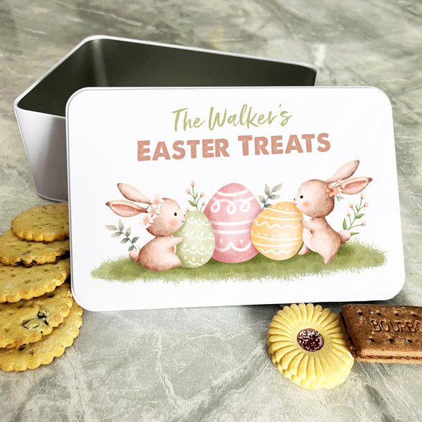 Watercolour Cute Easter Bunnies Personalised Gift Cake Biscuits Sweets Treat Tin