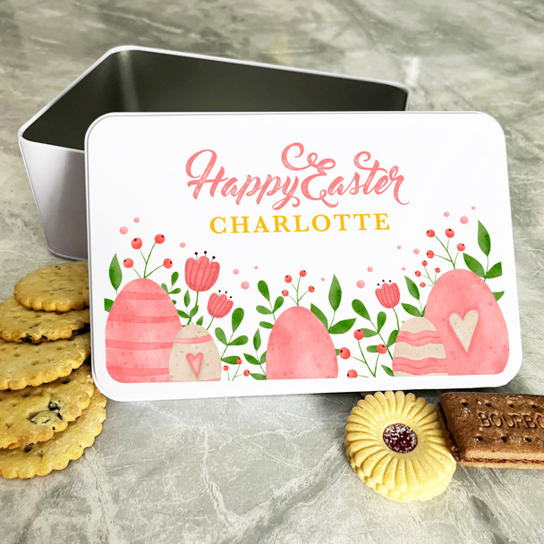 Watercolour Floral Pink Easter Eggs Personalised Gift Biscuit Sweets Treat Tin