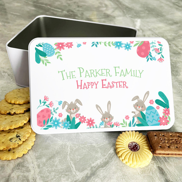 Cute Bunnies Blue and Pink Easter Eggs Personalised Gift Biscuit Sweets Treat Tin