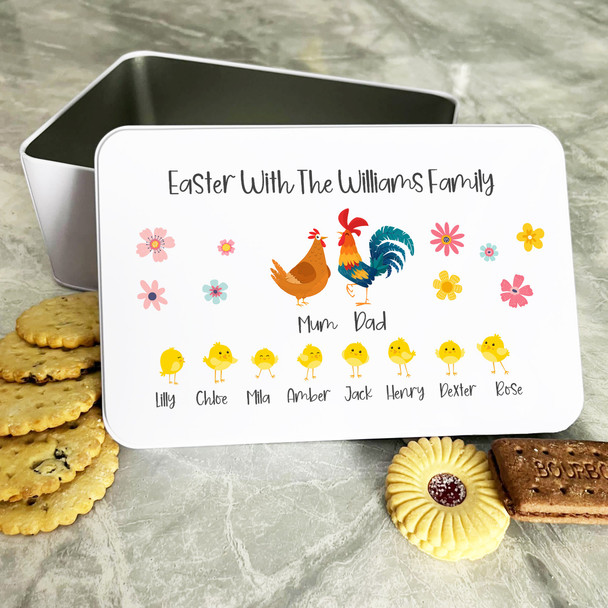 Cute Easter Chicken Family & Flowers Personalised Gift Biscuit Sweets Treat Tin