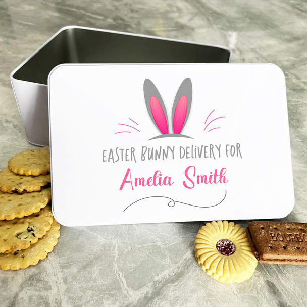 Easter Bunny Delivery Pink Personalised Gift Cake Biscuits Sweets Treat Tin