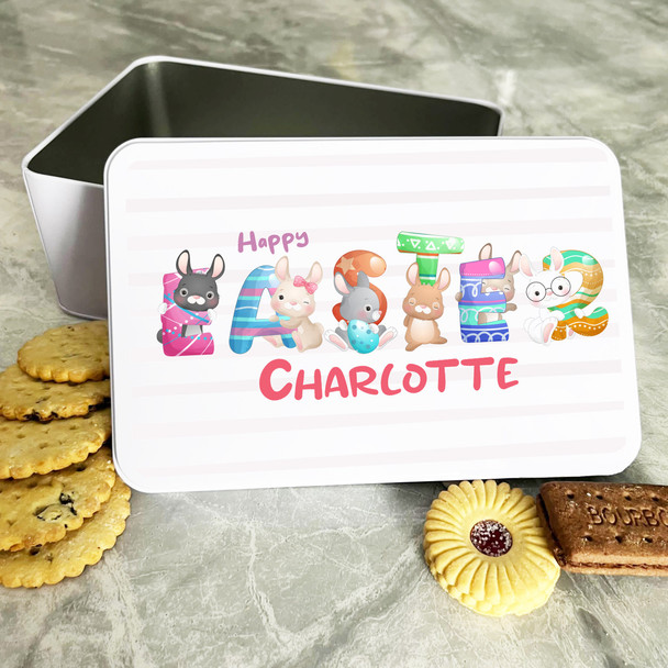 Easter Cute Bunnies Pink Stripes Personalised Gift Biscuit Sweets Treat Tin