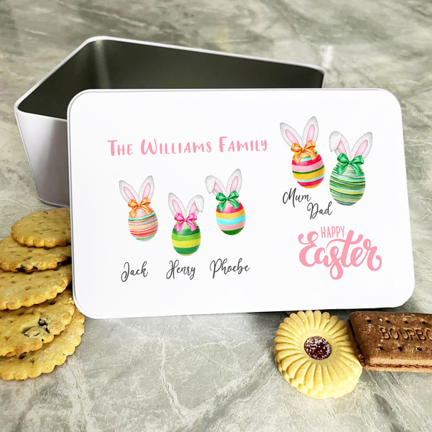 Easter Eggs & Bunny Ears Family Personalised Gift Cake Biscuits Sweets Treat Tin
