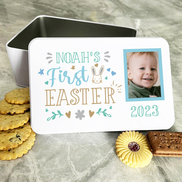 First Easter Text Blue Baby Boy Photo Personalised Gift Biscuit Sweets Treat Tin