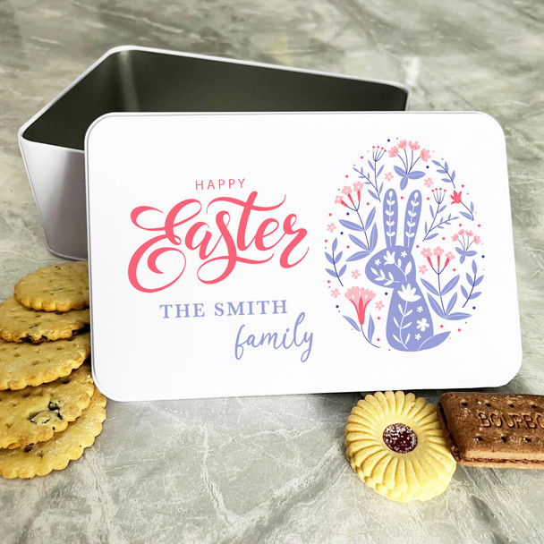 Floral Easter Egg & Bunny Pink Purple Personalised Gift Biscuit Sweets Treat Tin