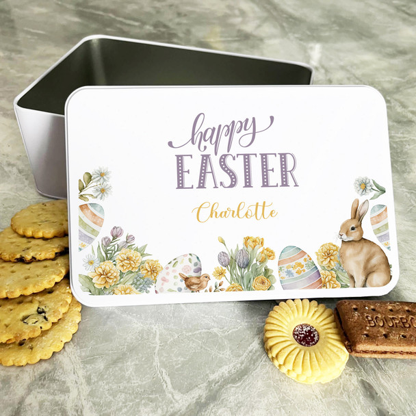 Floral Vintage Style Easter Bunny Personalised Gift Biscuit Sweets Treat Tin