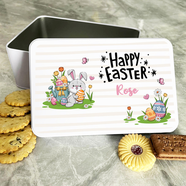 Happy Easter Cute Bunny Stripes Personalised Gift Cake Biscuits Sweets Treat Tin