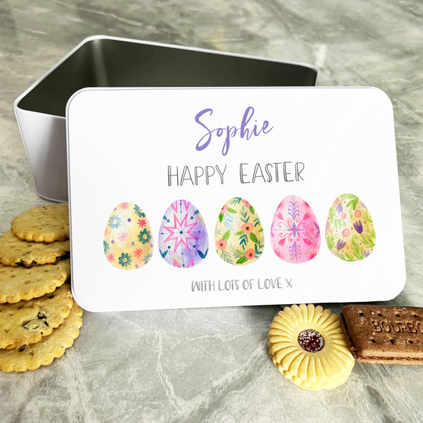 Happy Easter Love Pink Purple Eggs Personalised Gift Biscuit Sweets Treat Tin