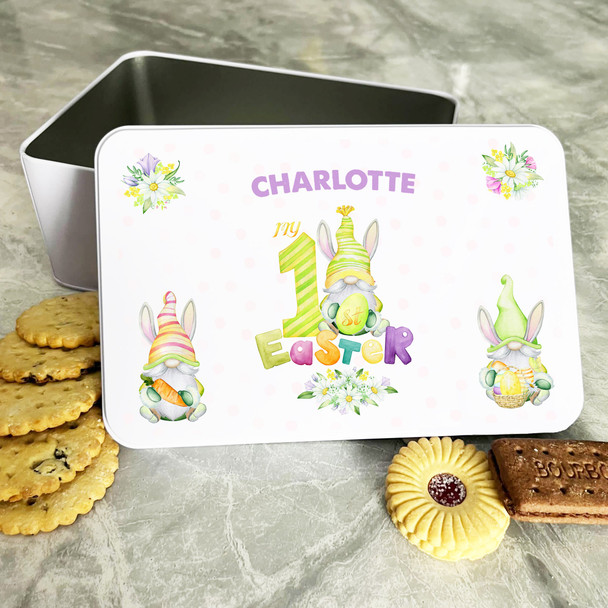 My First Easter Gnomes Green & Pink Personalised Gift Biscuit Sweets Treat Tin