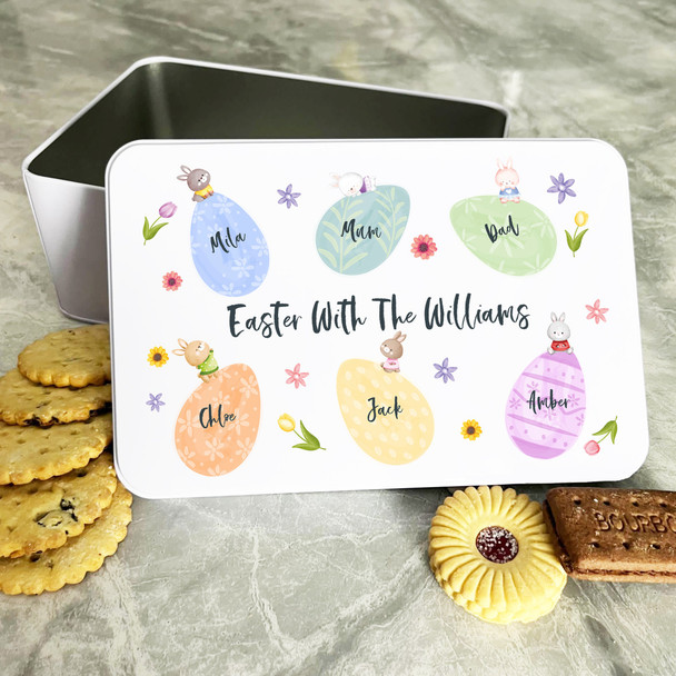 Pastel Easter Eggs & Cute Bunnies Personalised Gift Biscuit Sweets Treat Tin