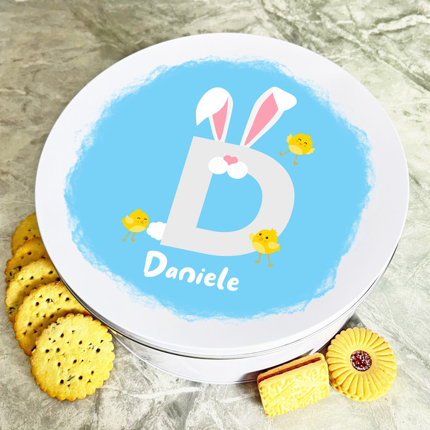 Bunny Ears Letter D Round Easter Personalised Gift Biscuit Sweets Treat Tin