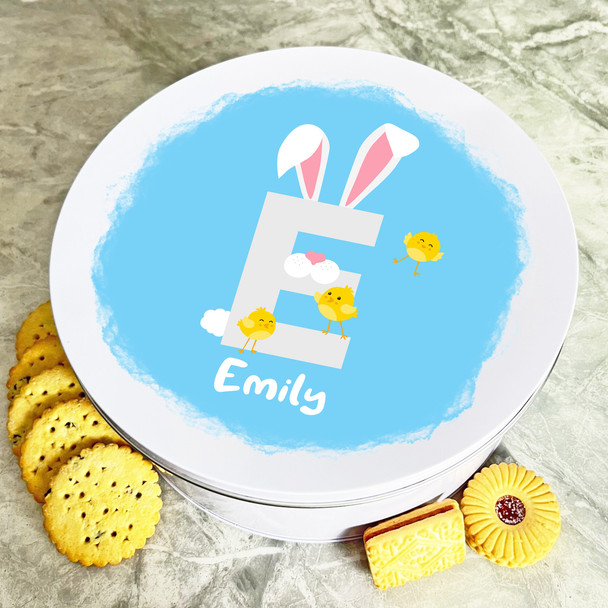 Bunny Ears Letter E Round Easter Personalised Gift Biscuit Sweets Treat Tin