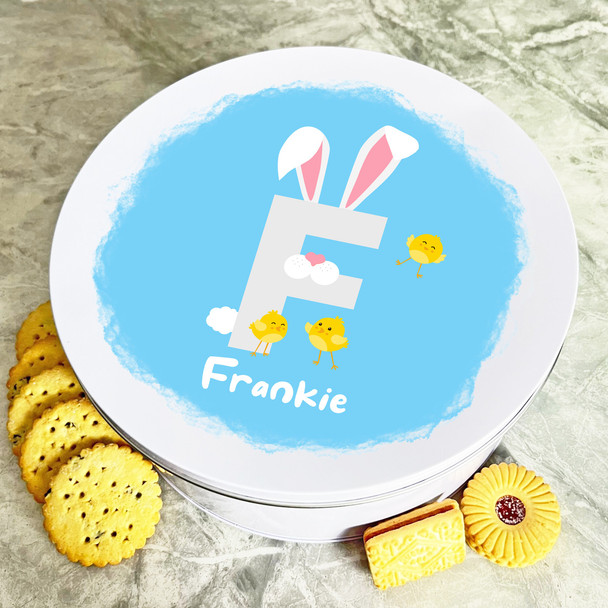 Bunny Ears Letter F Round Easter Personalised Gift Biscuit Sweets Treat Tin