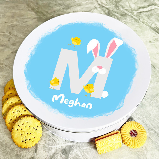 Bunny Ears Letter M Round Easter Personalised Gift Biscuit Sweets Treat Tin