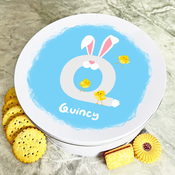 Bunny Ears Letter Q Round Easter Personalised Gift Biscuit Sweets Treat Tin