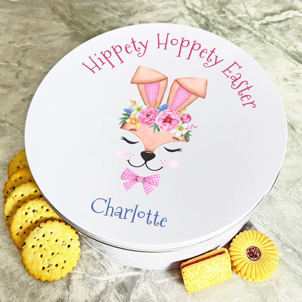 Cute Floral Pink Easter Bunny Round Personalised Gift Biscuit Sweets Treat Tin