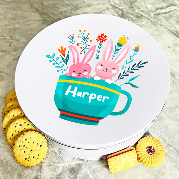 Easter Bunnies Green Cup Round Personalised Gift Cake Biscuits Sweets Treat Tin