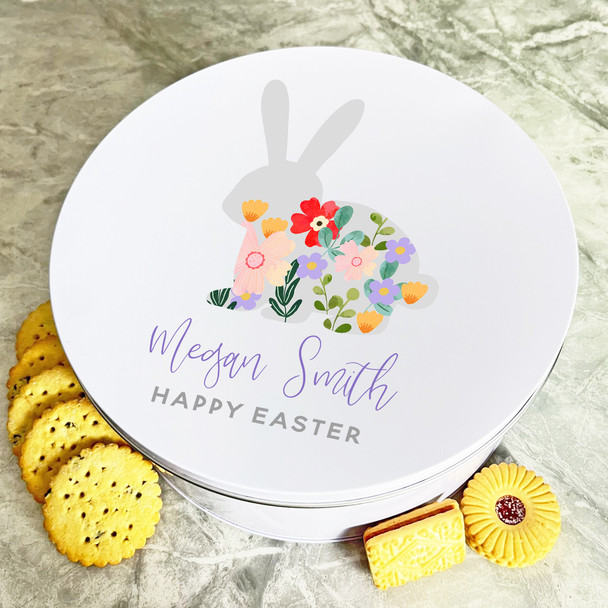 Easter Rabbit Flowers Purple Round Personalised Gift Biscuit Sweets Treat Tin